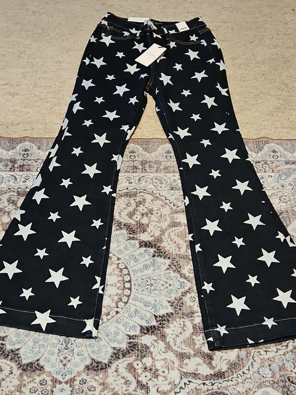 Judy Blue Dark Denim Flare Jeans with White Star Pattern